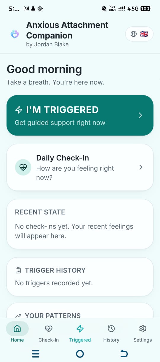 Anxious Attachment Companion app home screen
